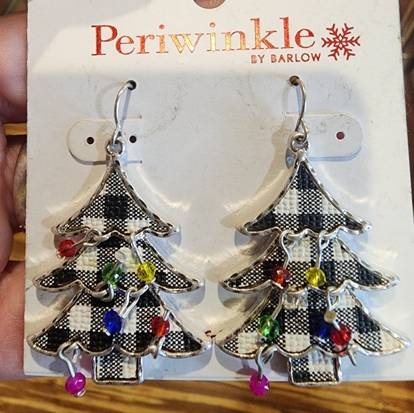 Periwinkle by Barlow Black and White Plaid Christmas Tree Holiday Earrings Hook - Picture 4 of 5